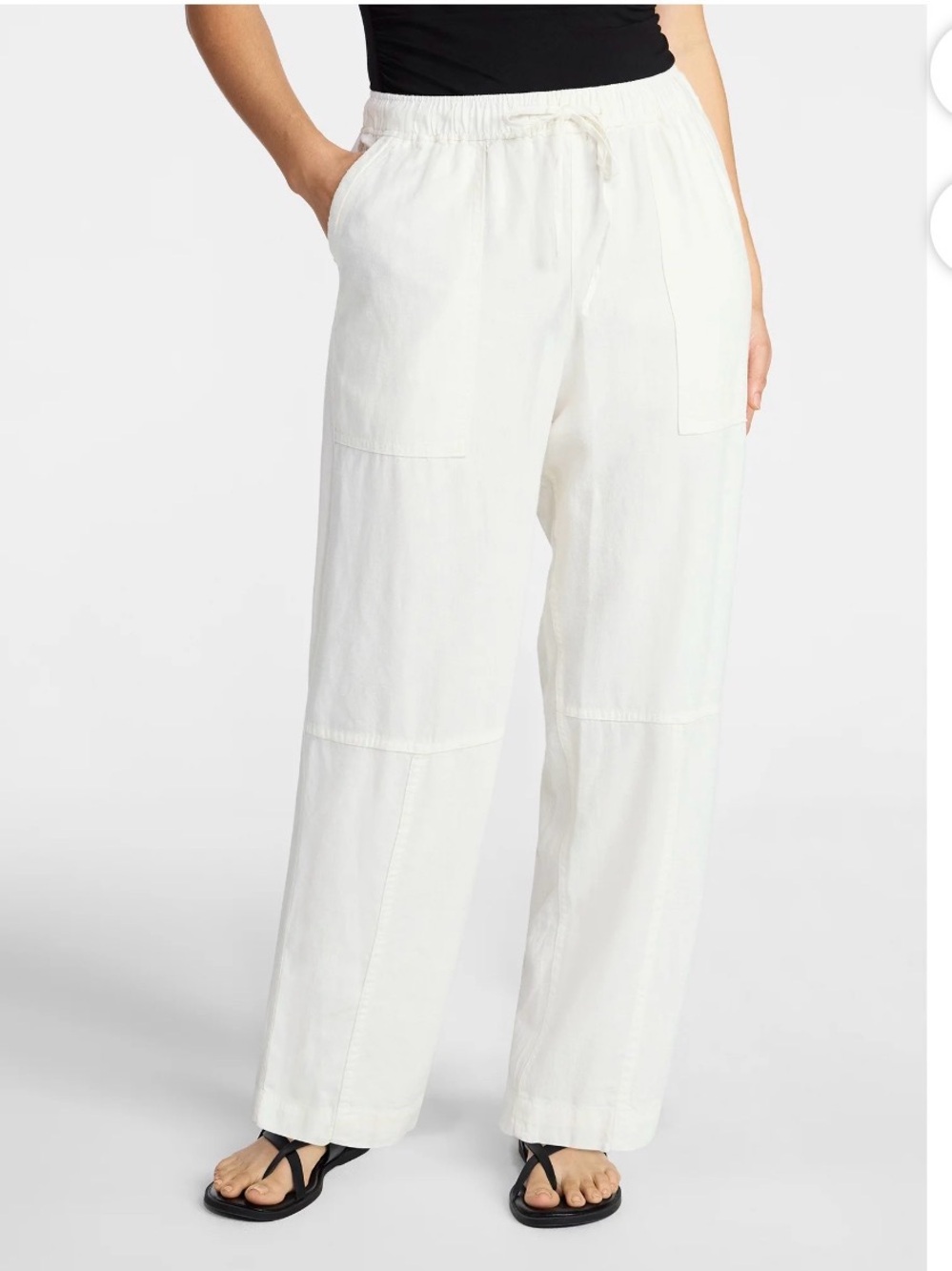 Time & Tru Linen Blend Drawstring Wide-Leg Pants in white